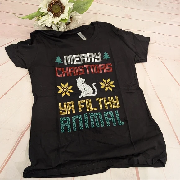 SALE NWT Merry Christmas Ya Filthy Animal Cat Graphic T-Shirt - Picture 3 of 4